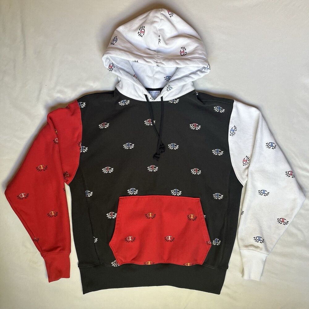 Champion Reverse Weave Hoodie Men Large Colorblock Logo AOP Heavyweight Pullover